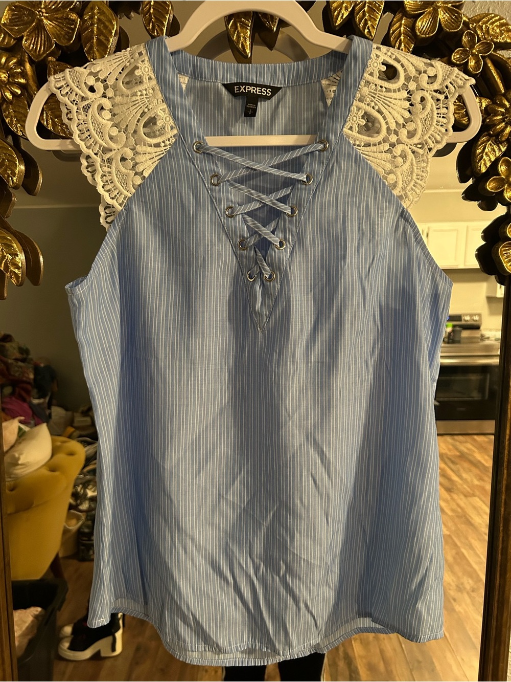 Express Blue Striped Lace Tank